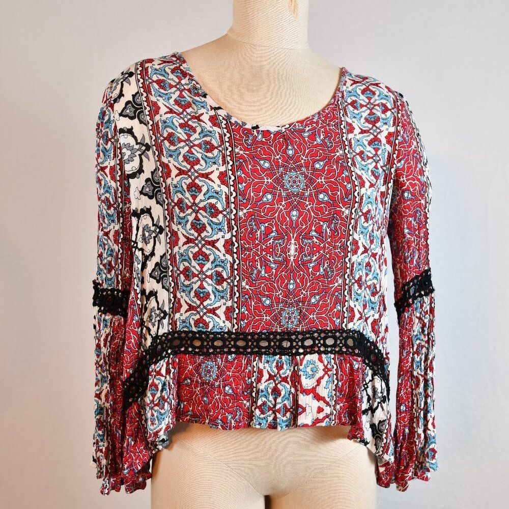 EARTHBOUND Trading Co: Hobo Festival Bell Sleeve Peace Blouse Top: Size M